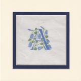 Initial A in dark blue with bluebells