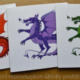 Dragon greetings cards set of three red, purple and blue printed cards all blank inside