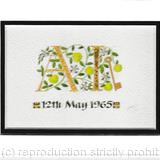 23c gold leaf letters with apple blossom, yellow-green apples and a key