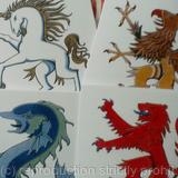 Fantasy animal greetings cards, set of four assorted, Unicorn, Griffin, Dolphin and Lion Rampant printed cards.