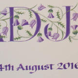 Four initial letters in purple with Thistles and anniversary date