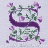 Letter S in purple with thistles.