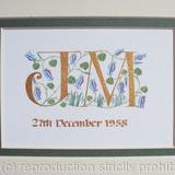 Gold letters with stylised bluebells on 300gsm watercolour paper within a double mount with dark green slip.