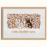 Autumn Wedding double initials with Unicorn and Manticora within a framework of Autumn leaves.