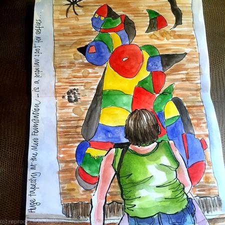 Admiring the Miro tapestry in Barcelona