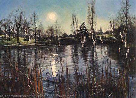 Winter morning light over Brockwell Park pond. 