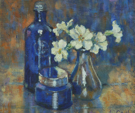 Blue Bottle with Primroses