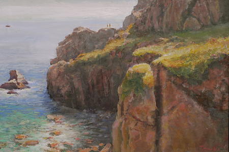 cliffs cornwall  boat at sea