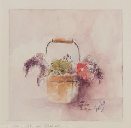 Miniature watercolour. Flower Bucket