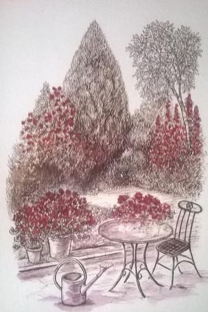 Garden in sepia and crimson