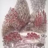 Garden in sepia and crimson
