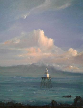 Moville Light with Winter Clouds and Moon Rising above Mount Benevenagh