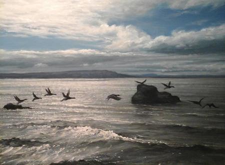 A Flock of Geese Alighting on Rocks on Lough Foyle
