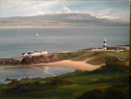 A view of Stroove Beach and Lighthouse, showing yachts and a fishing boat and Mt. Benevenagh and Magilligan Strand across the Foyle. 