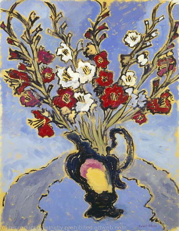 Red and White Gladioli in Black Gold and Pink Jug