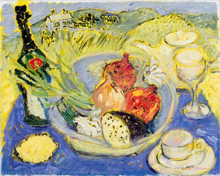 Still Life with Aubergine Pomegranate Onion and Garlic