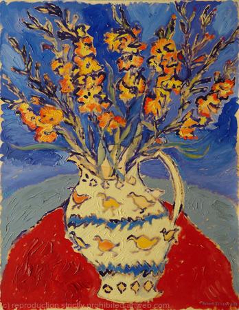 Gladioli in Lemon Jug on Red Table