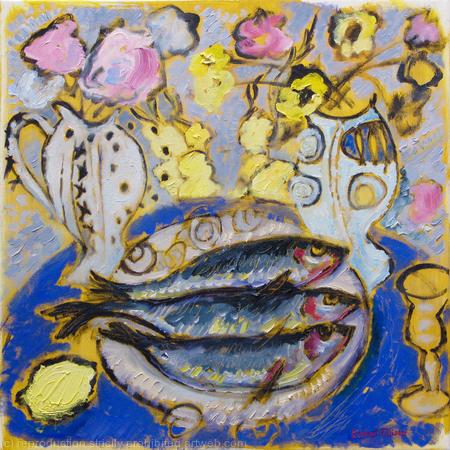 Mackerel with Flowers in Two Jugs
