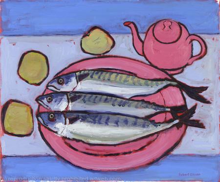 Three Mackerel with Pink Plate and Teapot
