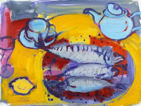 Three Mackerel with Pale Blue Teapot and Cup