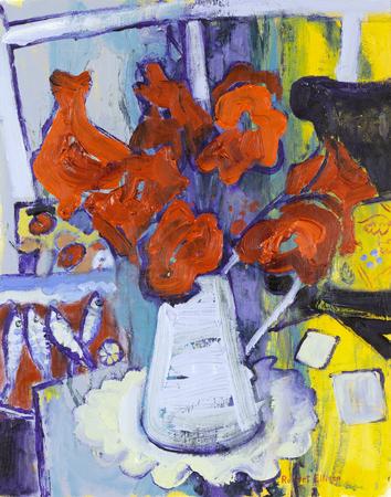 Red Amaryllis in White Jug with Herrings and Window