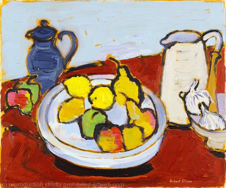 Fruitbowl, White Jug, Blue Coffeepot and Garlic
