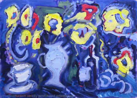 Two Jugs, bottle, fruit and flowers