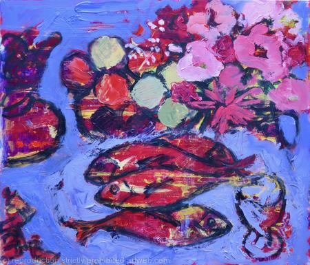 Four Fish in Red with Fruit and Flowers