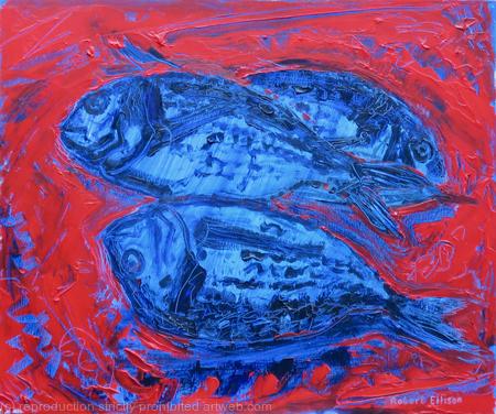 Three Seabream in Blue on Red