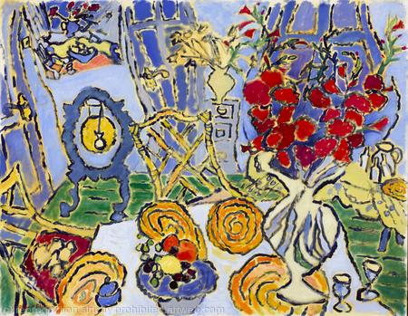 Interior With Gong and Red Gladioli