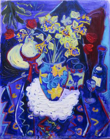 Daffodils And Tulips In Yellow and Blue Vase