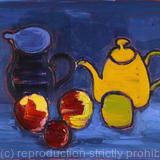 Yellow Coffeepot Black Jug and Apples