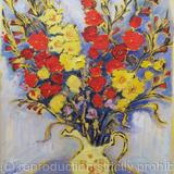 Red and Yellow Gladioli in Lemon Jug