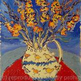 Gladioli in Lemon Jug on Red Table