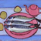 Three Mackerel with Pink Plate and Teapot