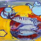 Three Mackerel with Pale Blue Teapot and Cup