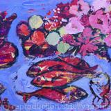 Four Fish in Red with Fruit and Flowers