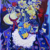 Daffodils And Tulips In Yellow and Blue Vase