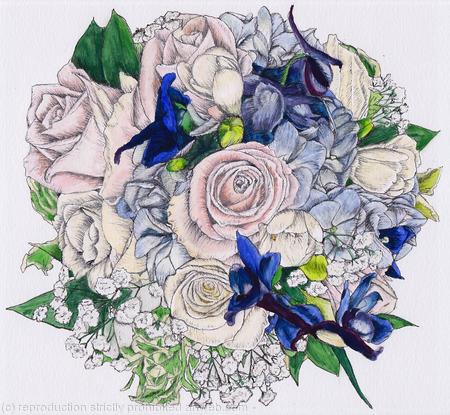 Bridal Bouquet Pen and Ink with Colour Wash