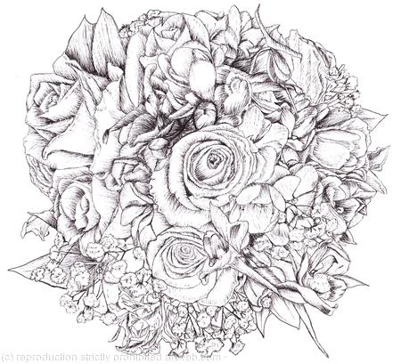 Bridal Bouquet  Black and White Pen and Ink