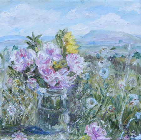 A Small Jar of Wild Flowers with Addlebrough, Wensleydale.