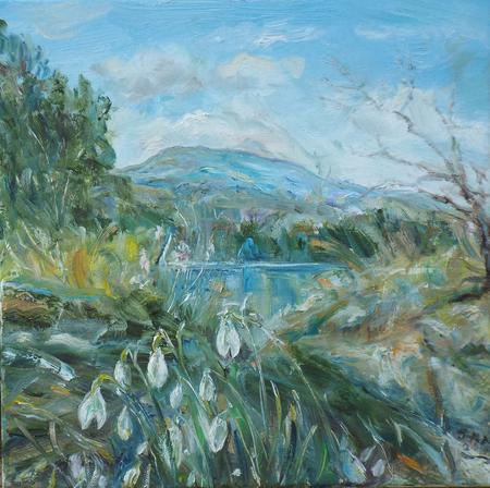 River Ure with Snowdrops near Wensley, Wensleydale.