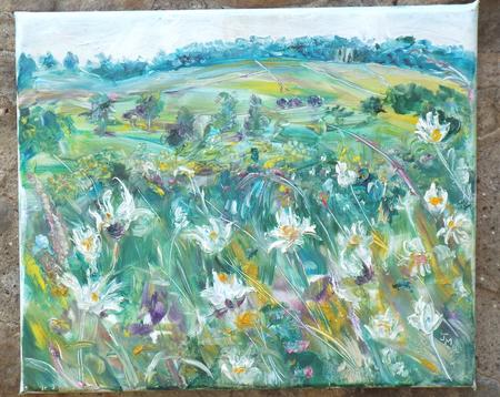 Oxeye Daisies with Polly Peacham's Tower, Old Glebe Field, Near Wensley.