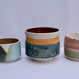 3 Decorated pots, the red and green one has a deliberately hand cracked rim (ok I broke it first!)