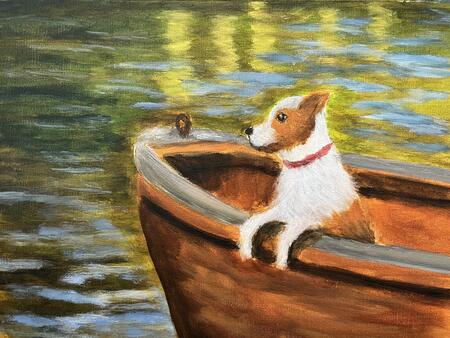 Dog sat in a boat. 