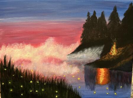 Misty night with a campfire and fireflies 
