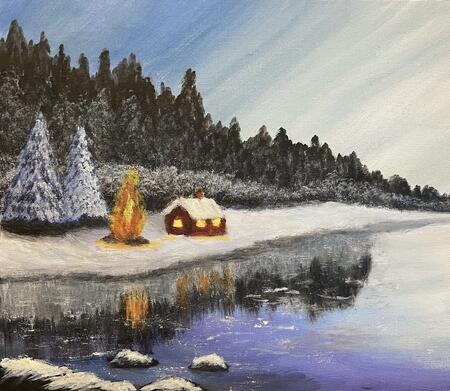 Snow scene cabin with campfire 