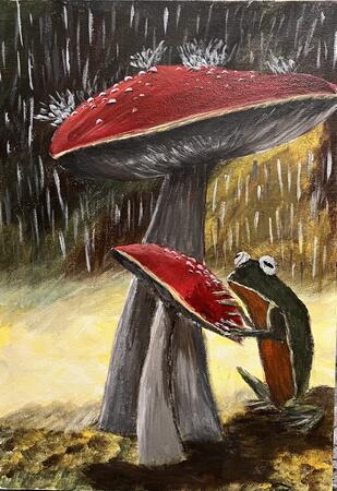 Frog under a mushroom 