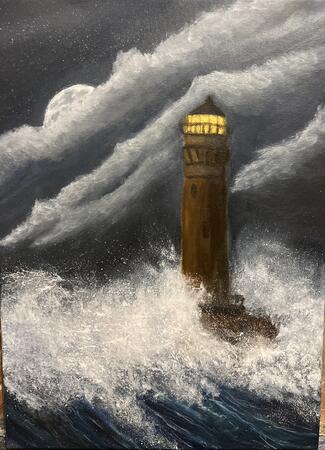 Lighthouse at sea with part of the moon 