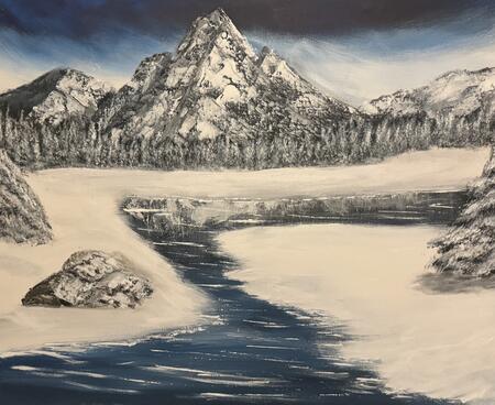 Snowy mountain riverside